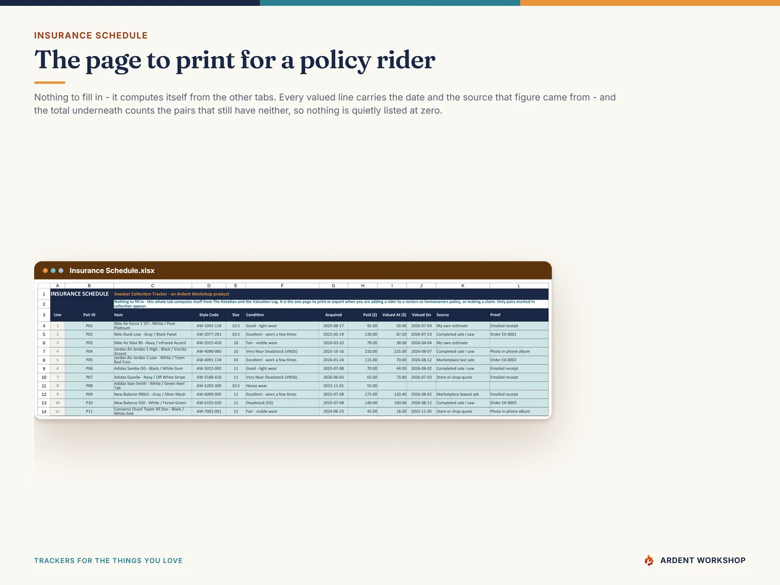 Insurance Schedule tab computing a print-ready rider schedule, each line carrying a dated figure and the source it came from