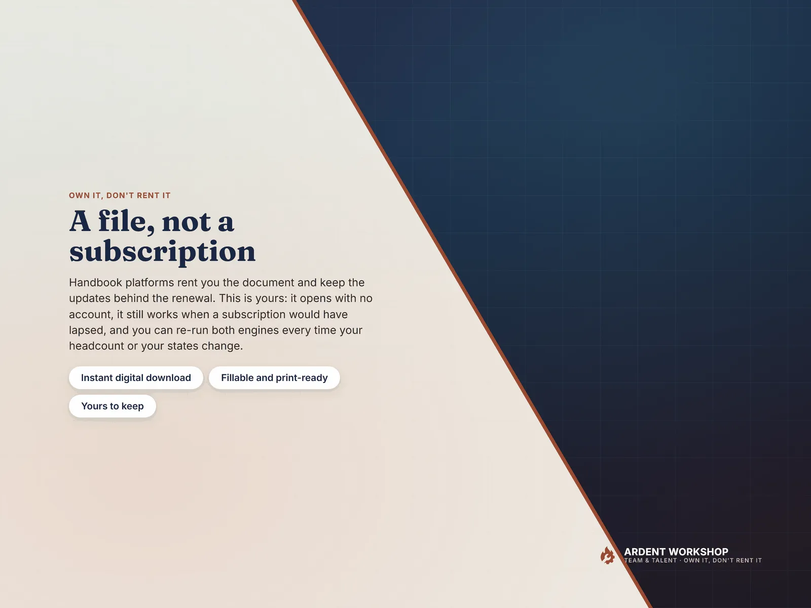 A file you own rather than a subscription — it opens with no account and still works when a renewal would have lapsed