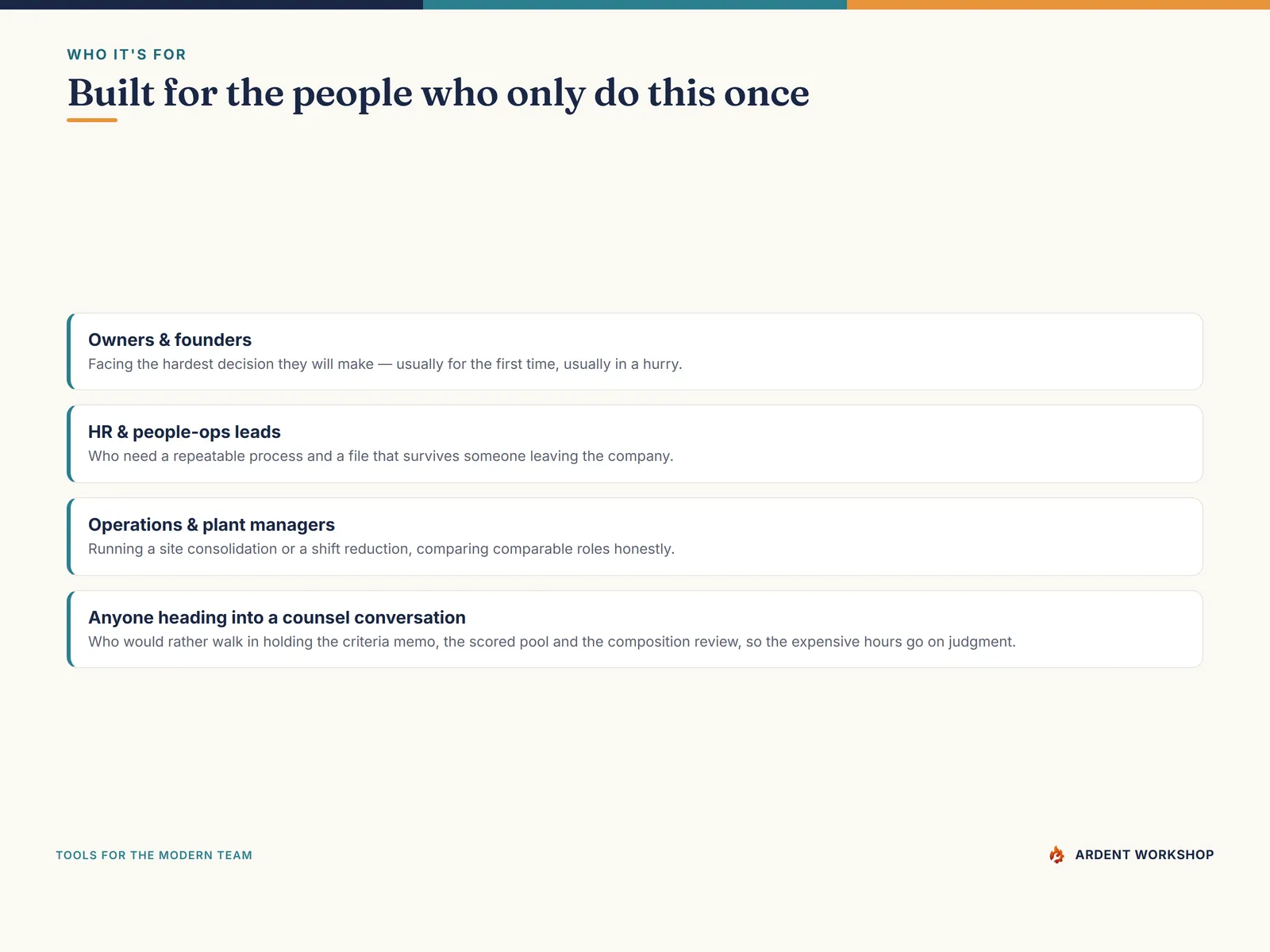Built for owners, HR leads and operations managers running a layoff for the first time