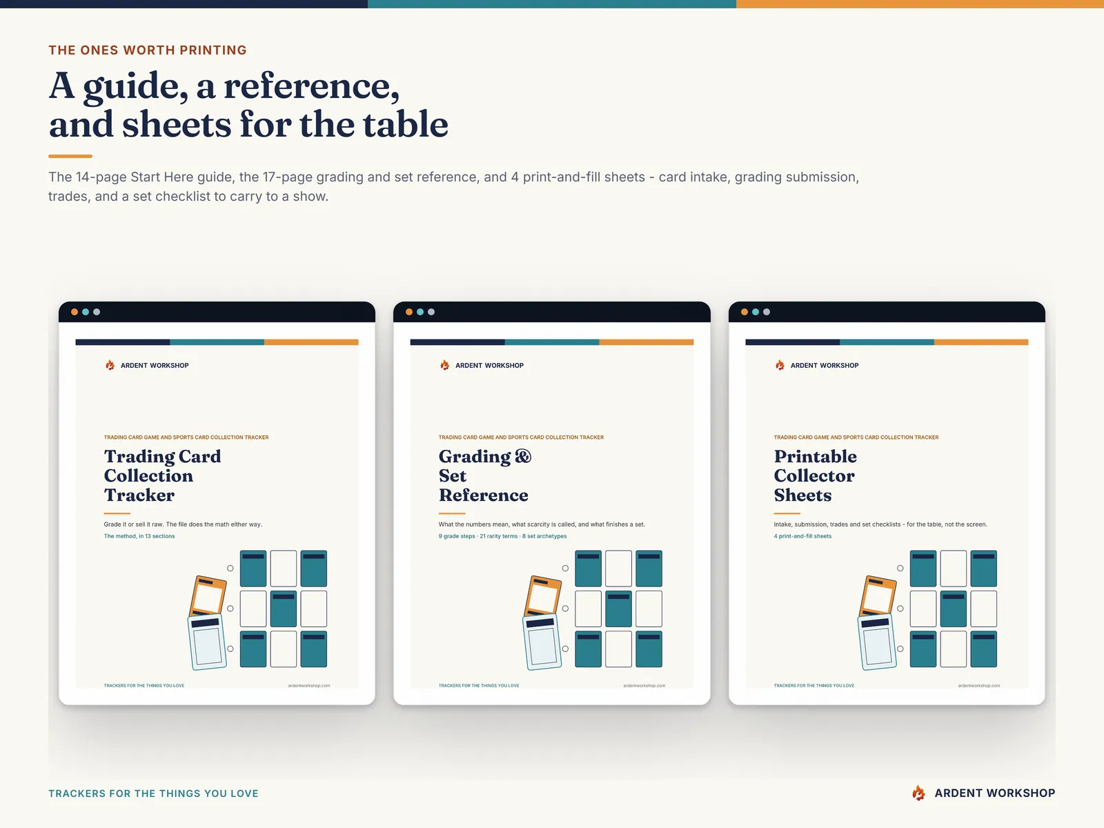 The three PDF guides that ship with the tracker — the Start Here guide, the grading and set reference, and the print-and-fill collector sheets