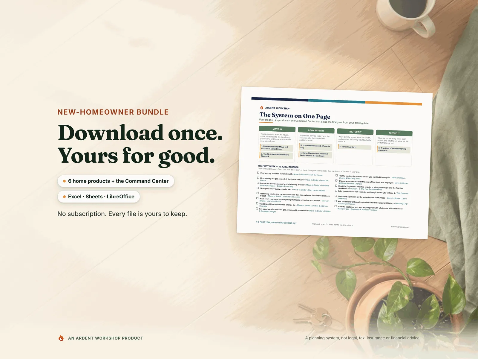 Download once, yours for good: 6 home products plus the Command Center workbook, which opens in Excel, Google Sheets or LibreOffice, with the one-page wall chart of the system on a sunlit floor
