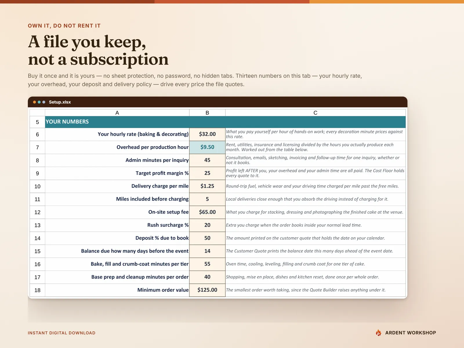 A file you keep, not a subscription — the Setup tab's thirteen numbers that drive every price, from hourly rate and overhead to deposit percentage and delivery