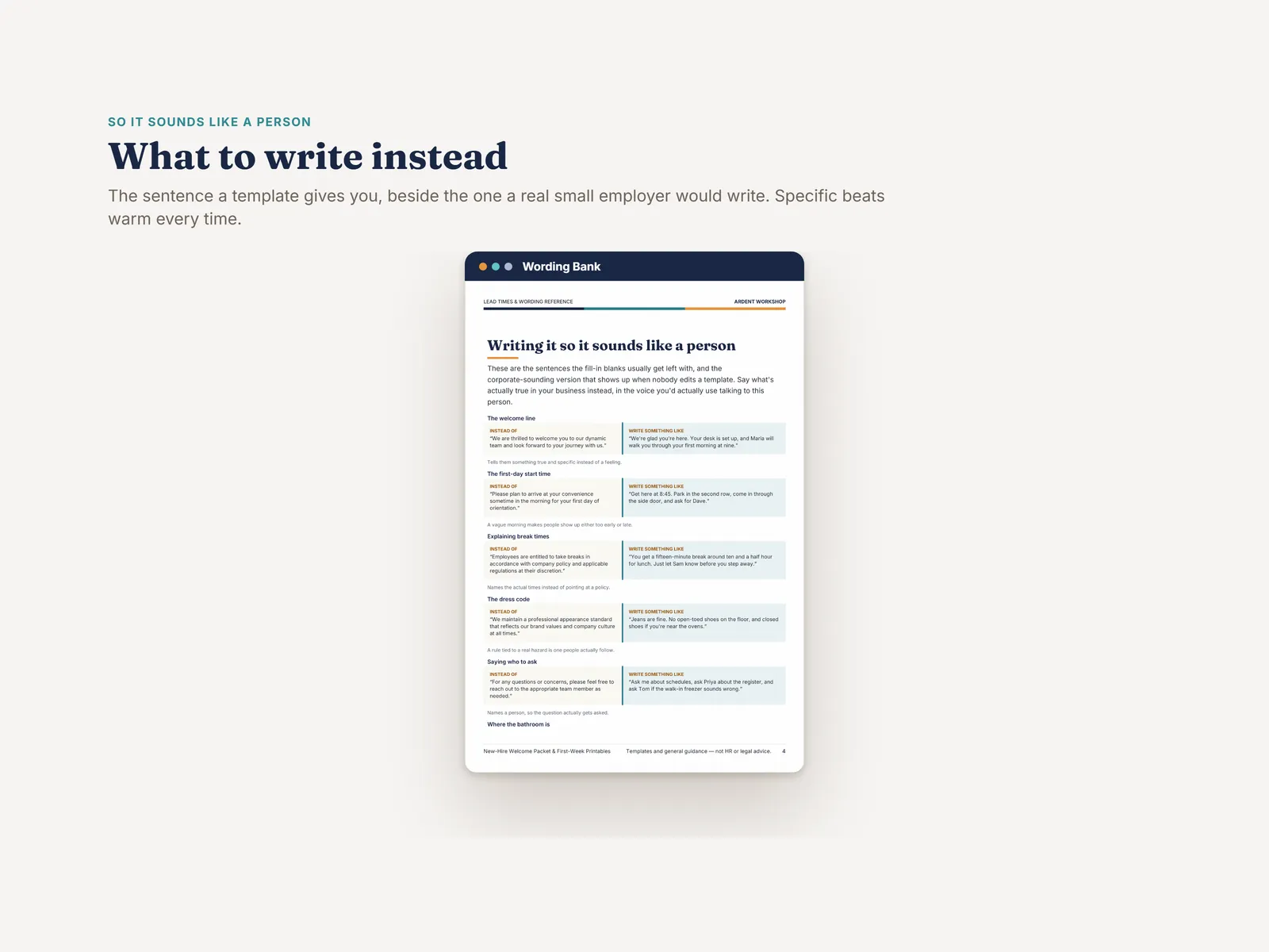 The wording bank — the sentence a template gives you beside the one a real small employer would write
