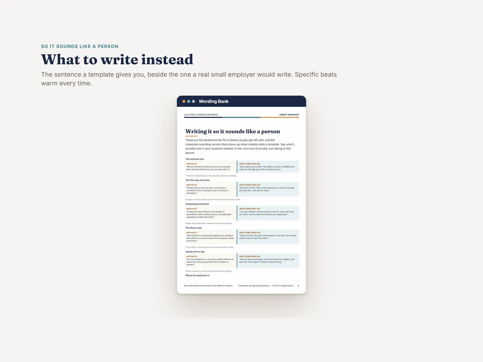The wording bank — the sentence a template gives you beside the one a real small employer would write