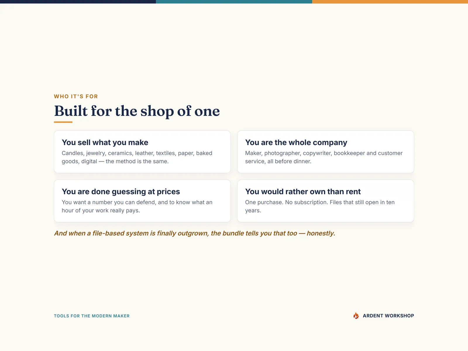 Built for the handmade shop of one — maker, photographer and bookkeeper in one person