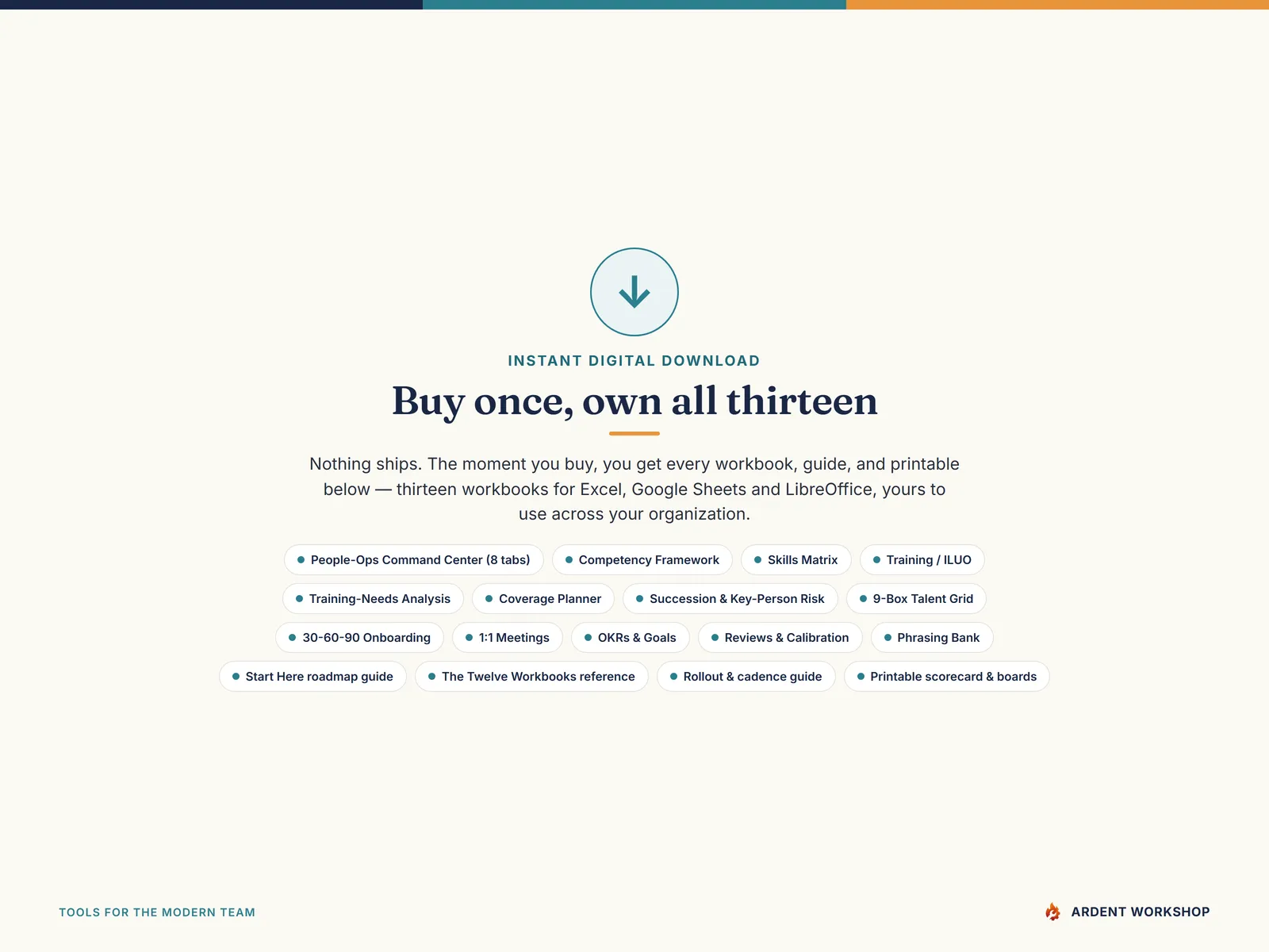 Instant digital download - buy once and own all thirteen workbooks for Excel, Google Sheets and LibreOffice