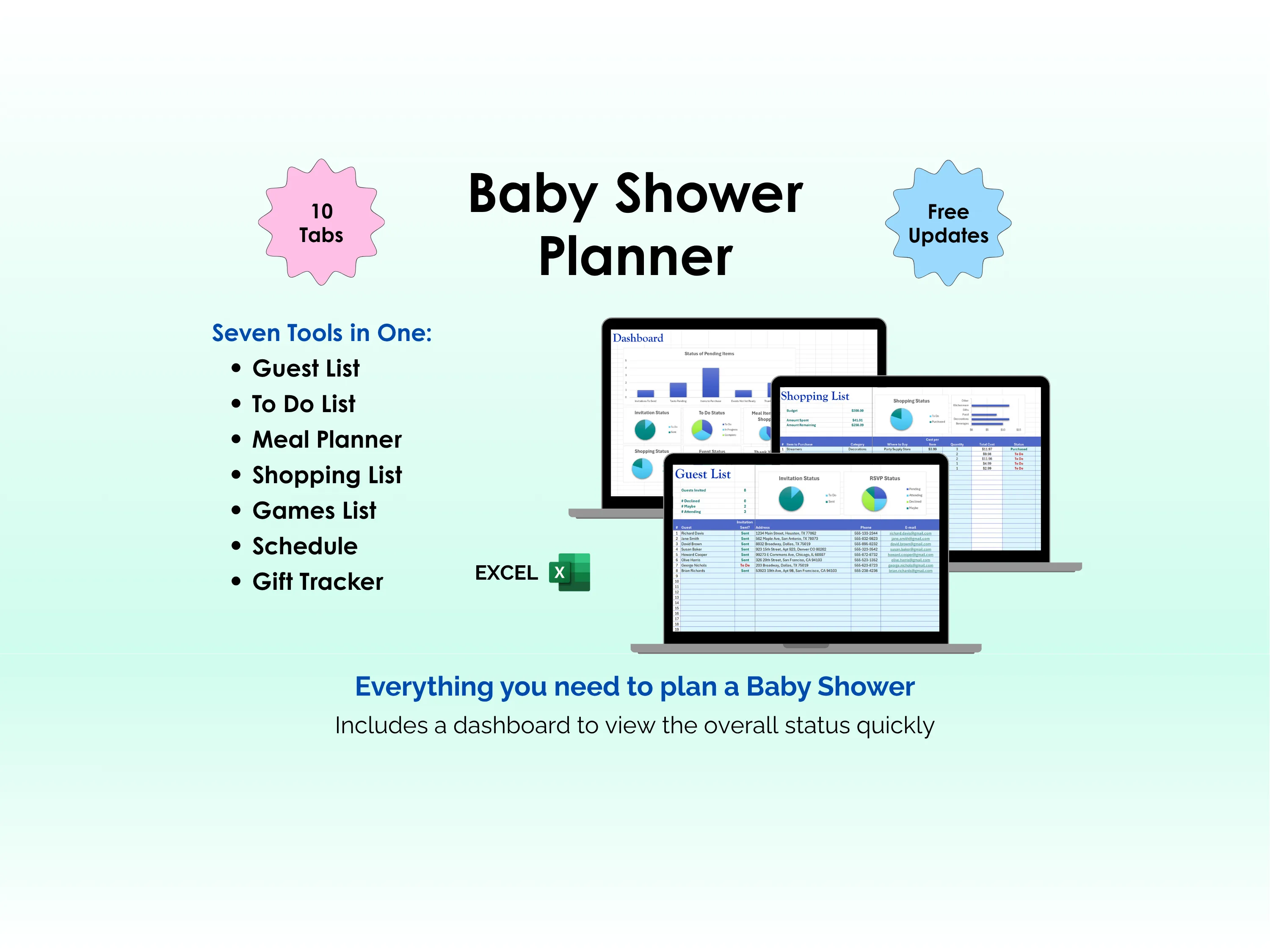 Baby Shower Planner - Excel - Easy Party Planning - Guest List, To Do List, Meal Planner, Shopping List, Games List, Schedule, Gift Tracker, Dashboard