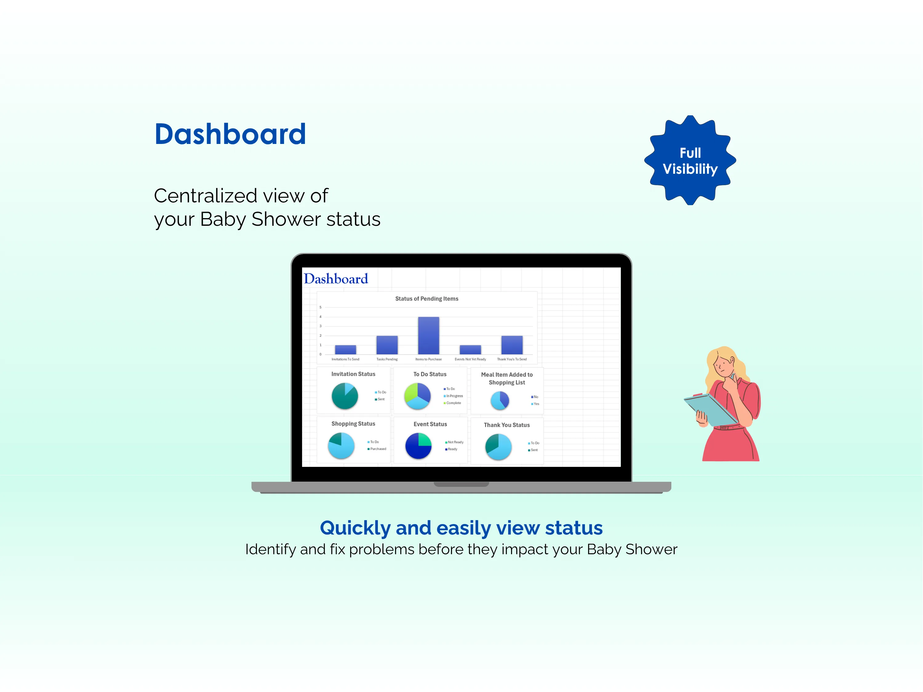 Baby Shower Planner - Excel - Dashboard - Centralized view of your Baby Shower status; Identify and fix issues before they become problems
