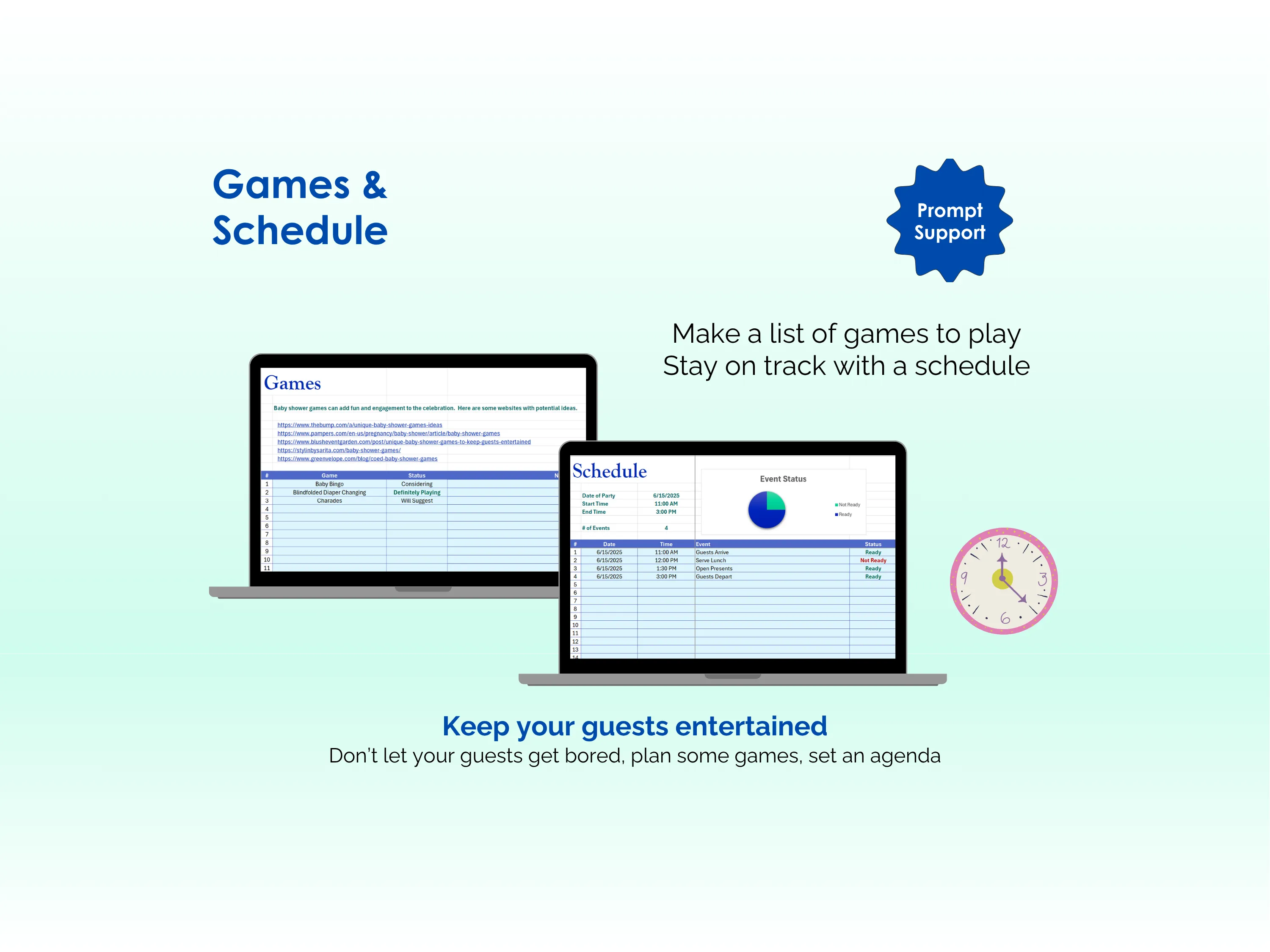 Baby Shower Planner - Excel - Games and Schedule - Keep your guests entertained, Make a list of games to play, Stay on track with a schedule