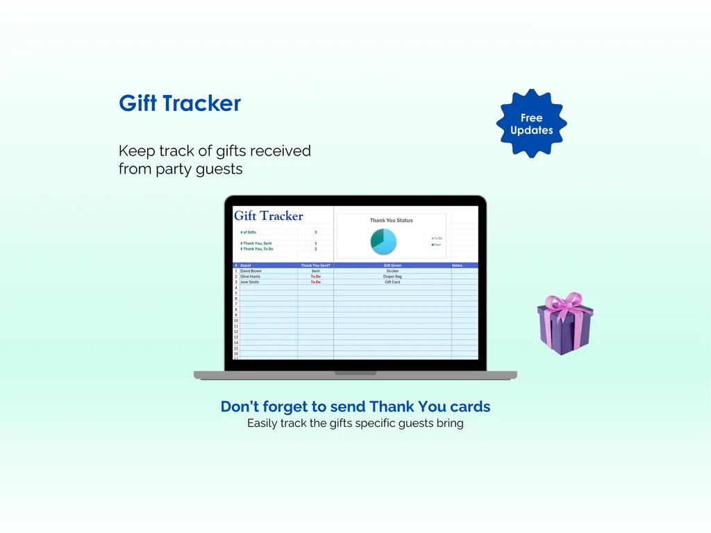 Baby Shower Planner - Excel - Gift Tracker - Do not forget the Thank You Notes
