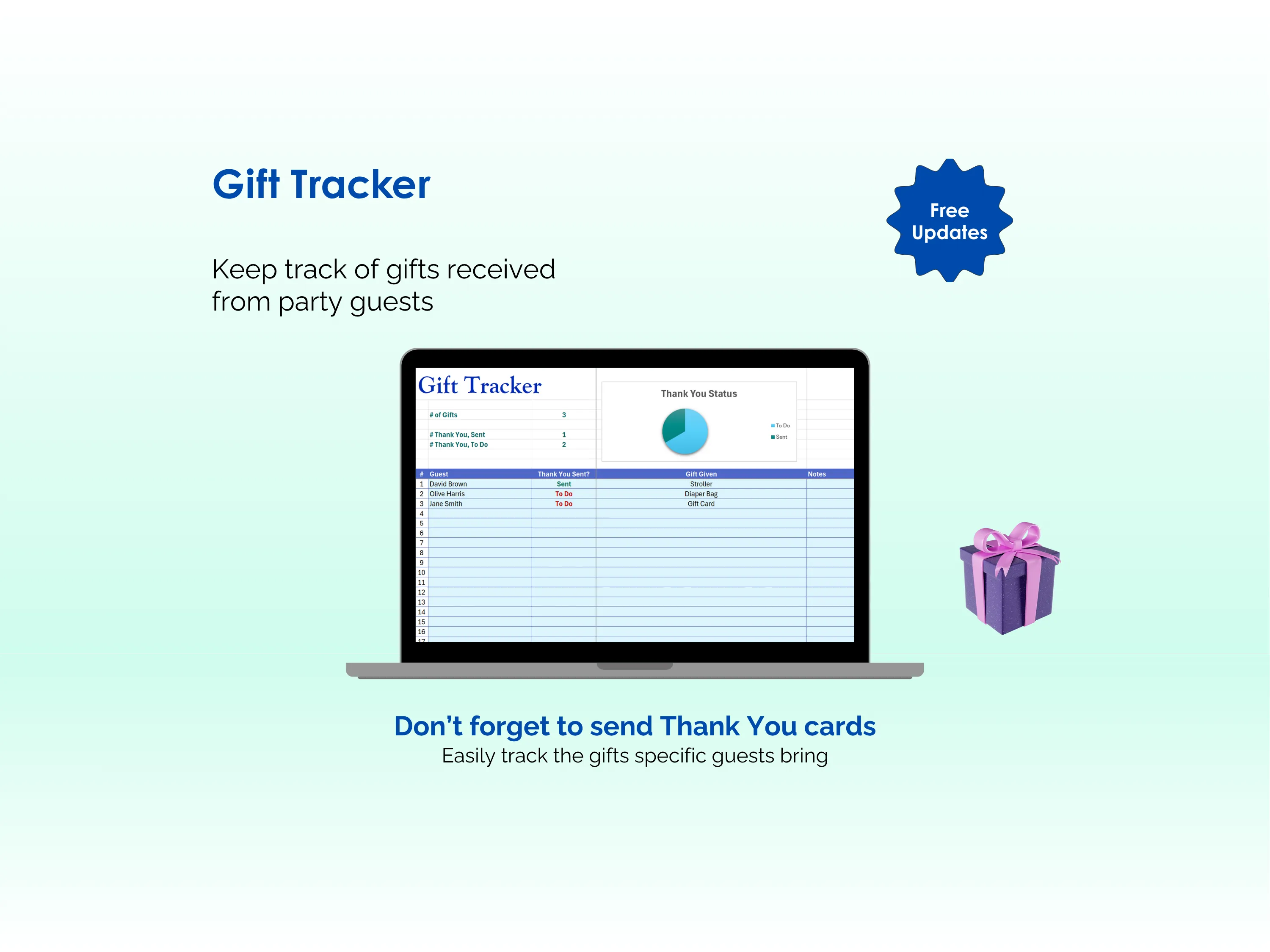 Baby Shower Planner - Excel - Gift Tracker - Do not forget the Thank You Notes