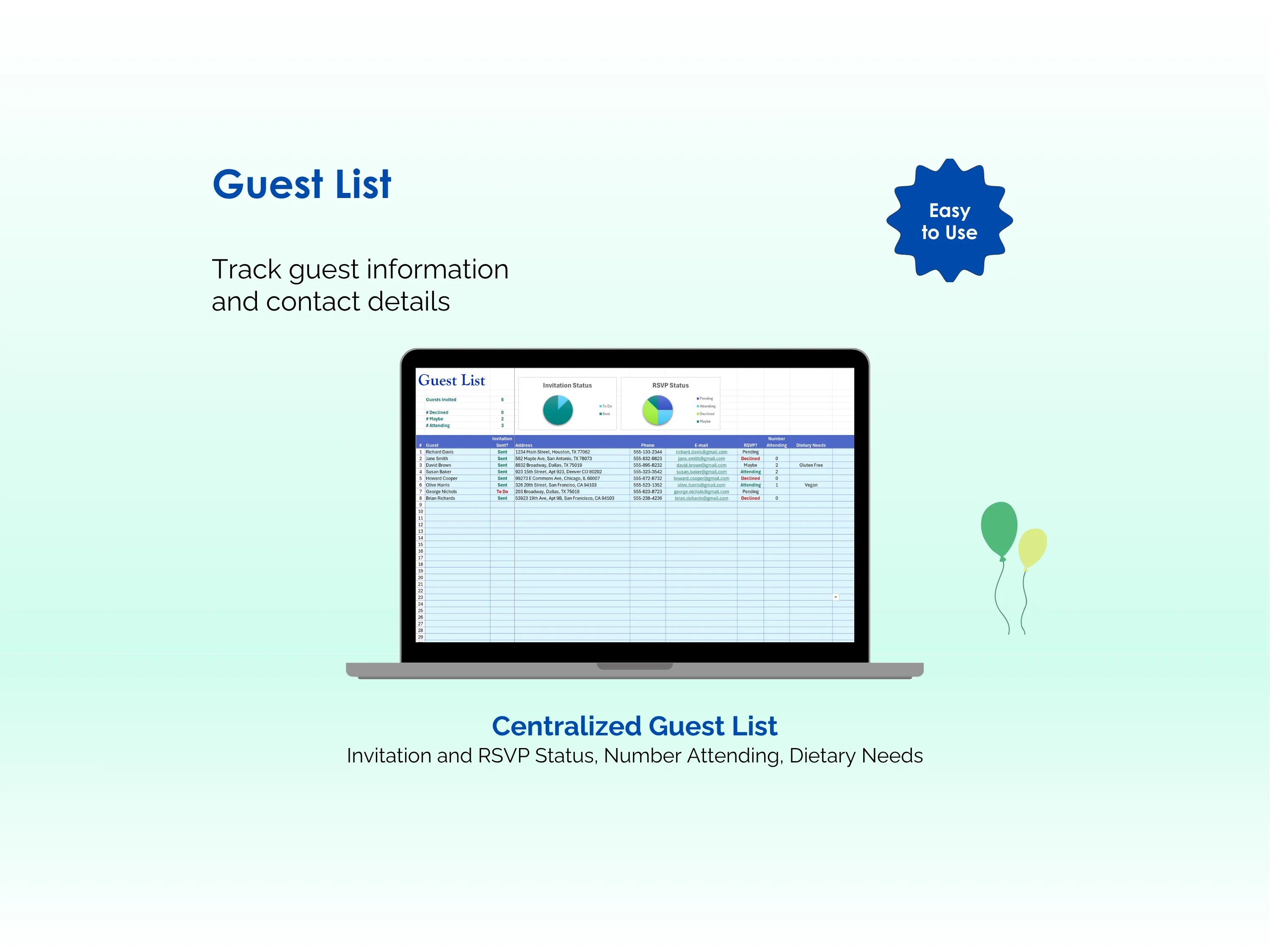 Baby Shower Planner - Excel - Guest List - Invitations, RSVPs, Number Attending, Dietary Needs