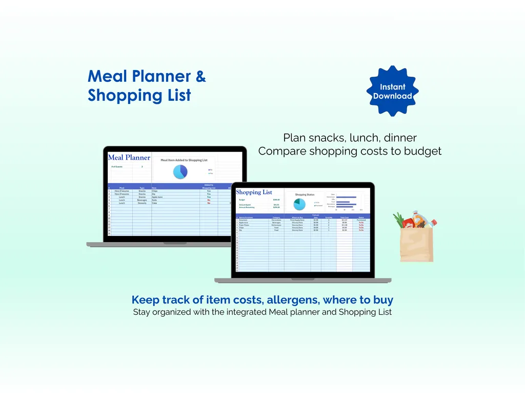 Baby Shower Planner - Excel - Meal Planner and Shopping List - Plan snacks, lunch, dinner; Compare shopping costs to budget; Keep track of item costs, allergens, where to buy