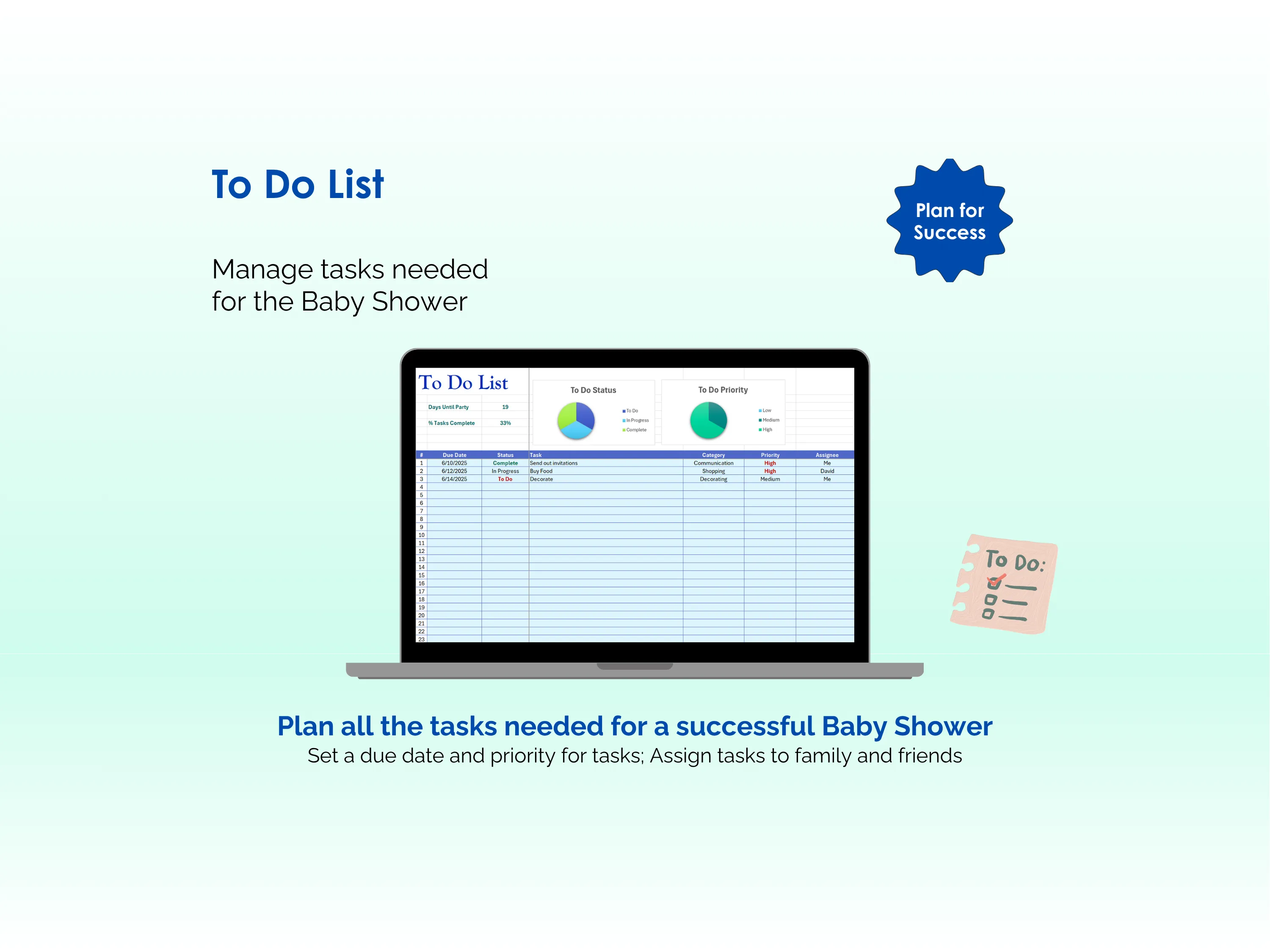 Baby Shower Planner - Excel - To Do List - Plan all the tasks needed for a successful Baby Shower; Set Due Date, Status, Priority, Assignments