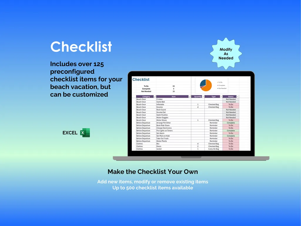 Beach Vacation Checklist - Excel - Over 125 Preconfigured Items