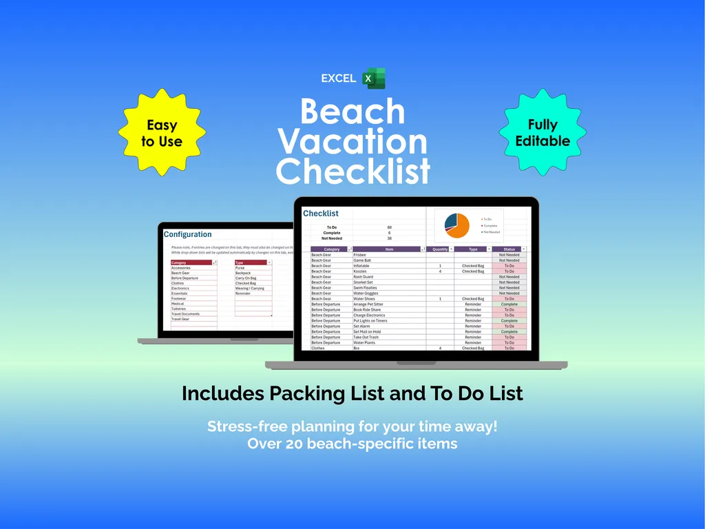 Beach Vacation Checklist - Excel - Packing and To Do List