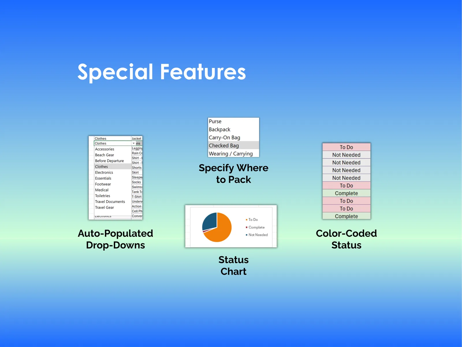 Beach Vacation Checklist - Excel - Auto-Populated Drop-Downs, Color Coded Status