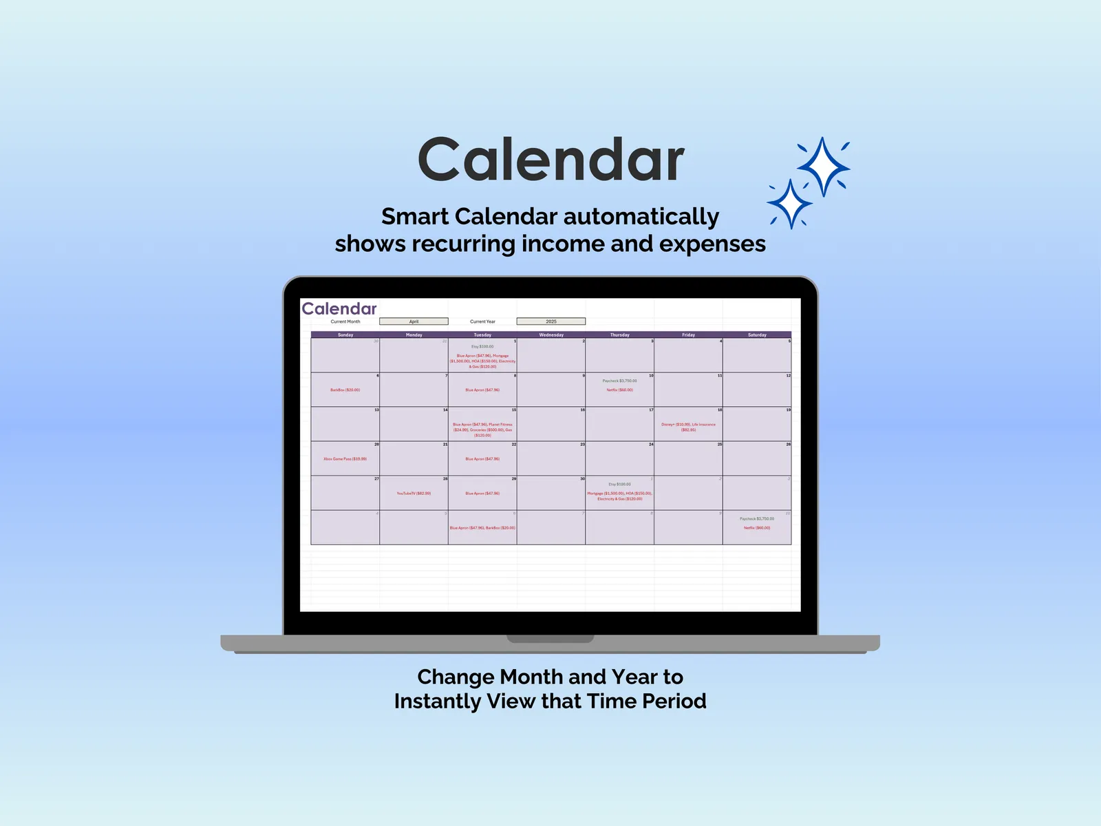 Bill Tracker - Excel - Calendar