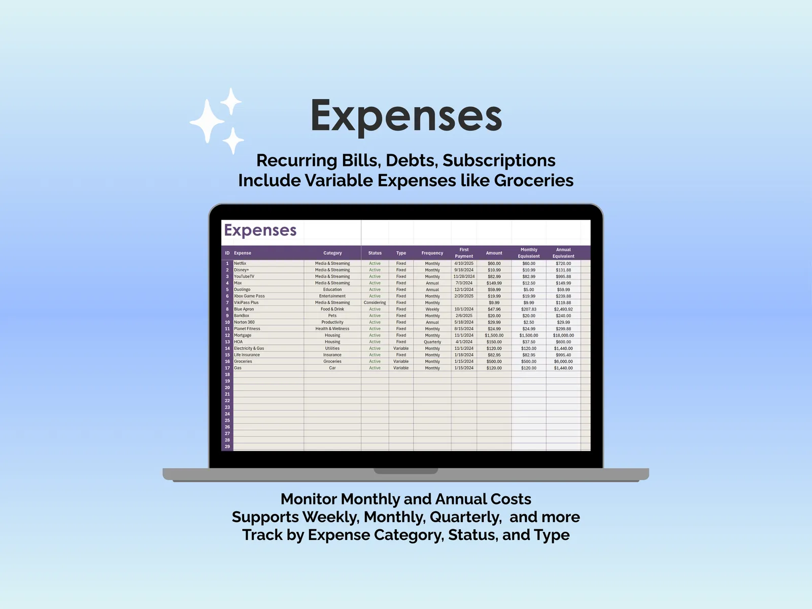 Bill Tracker - Excel - Expenses