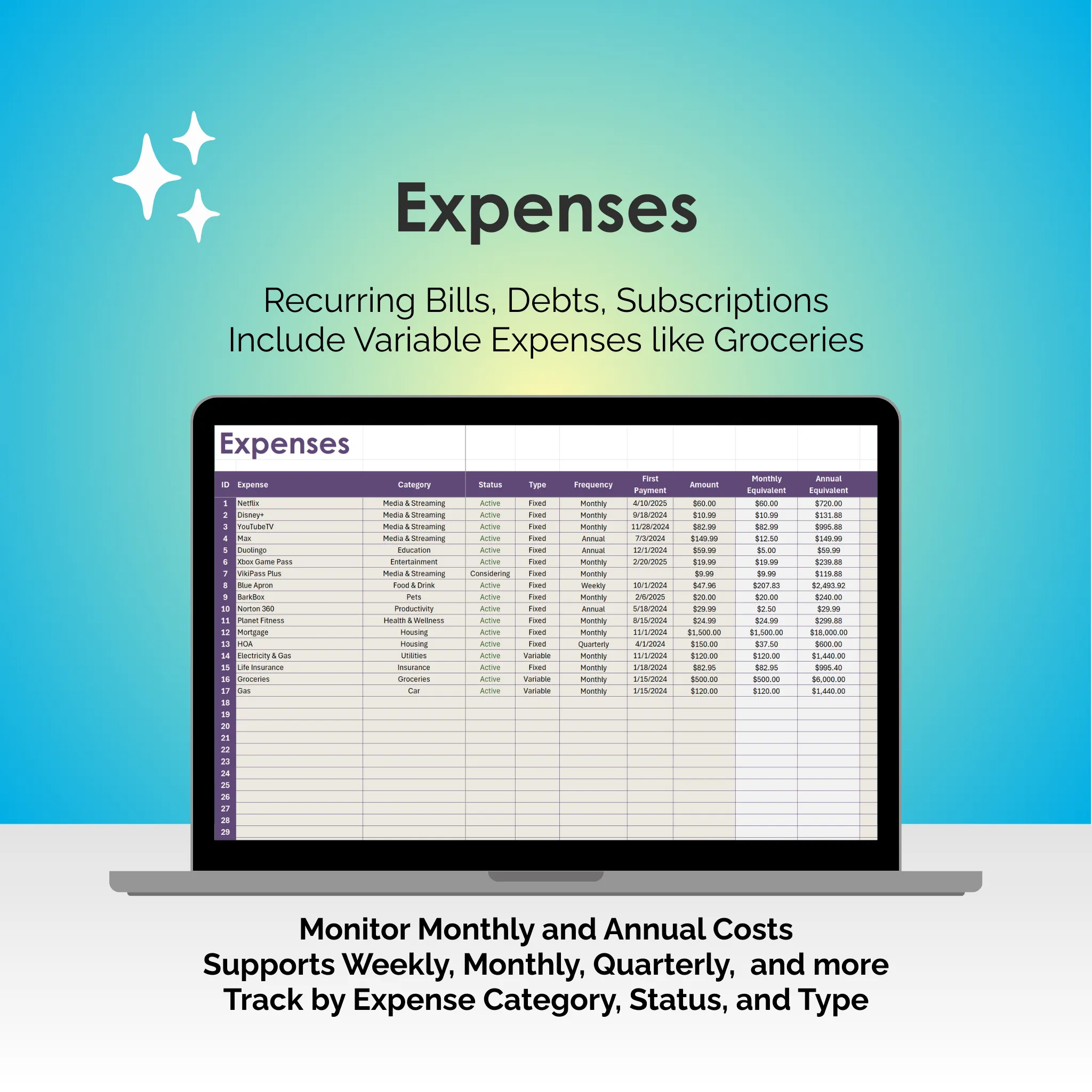 Bill Tracker - Excel - Expenses