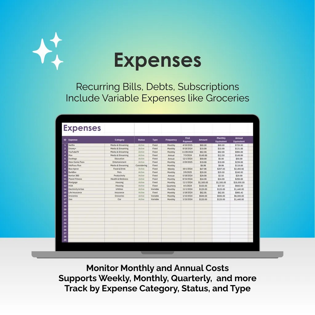 Bill Tracker - Excel - Expenses