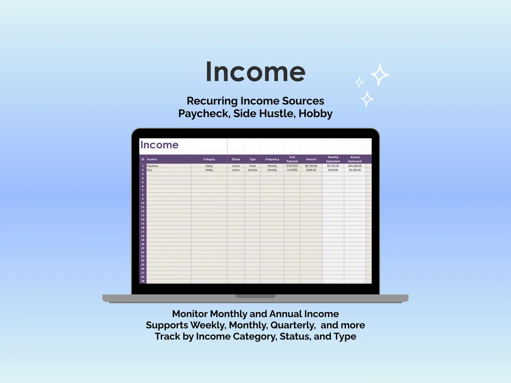 Bill Tracker - Excel - Income