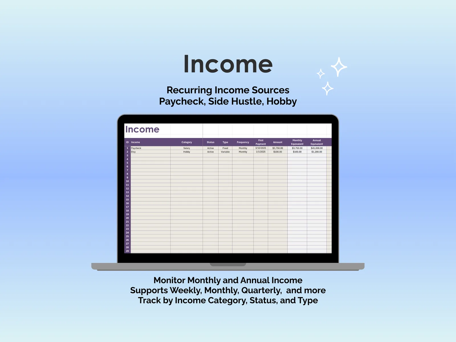 Bill Tracker - Excel - Income