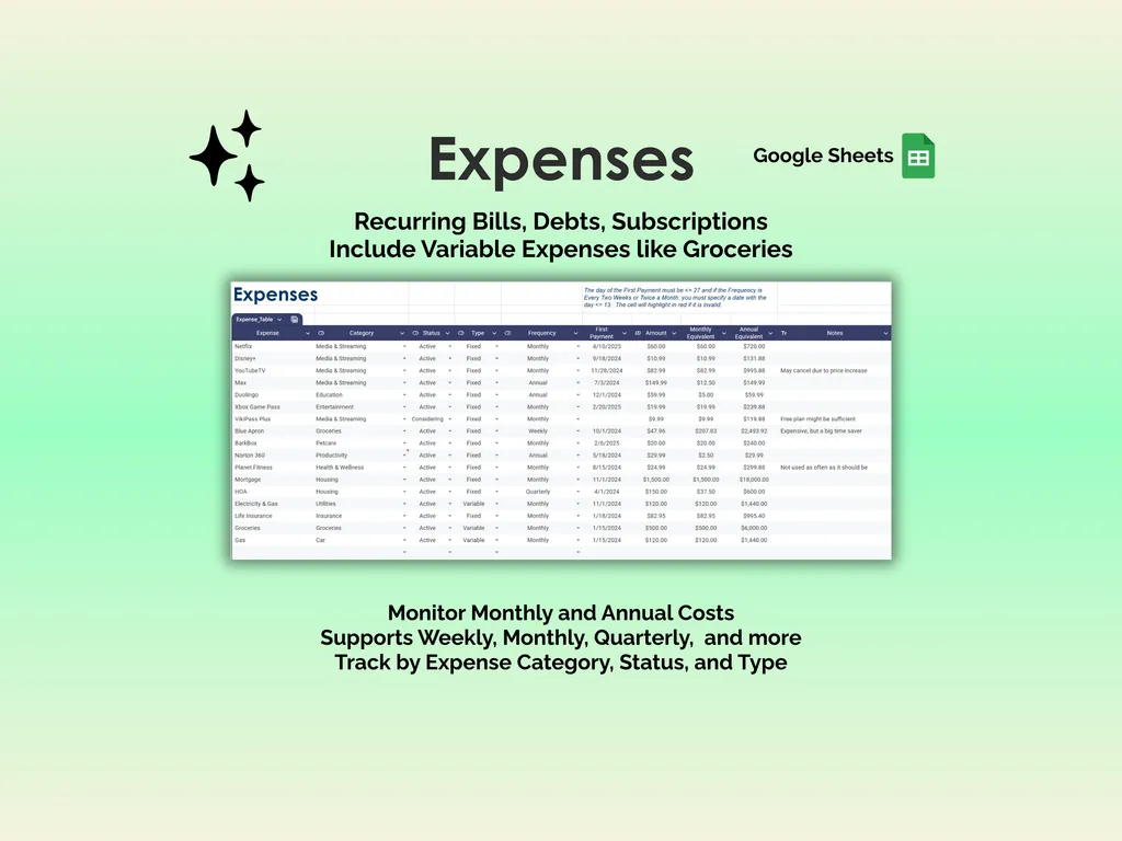 Bill Tracker - Sheets - Expenses