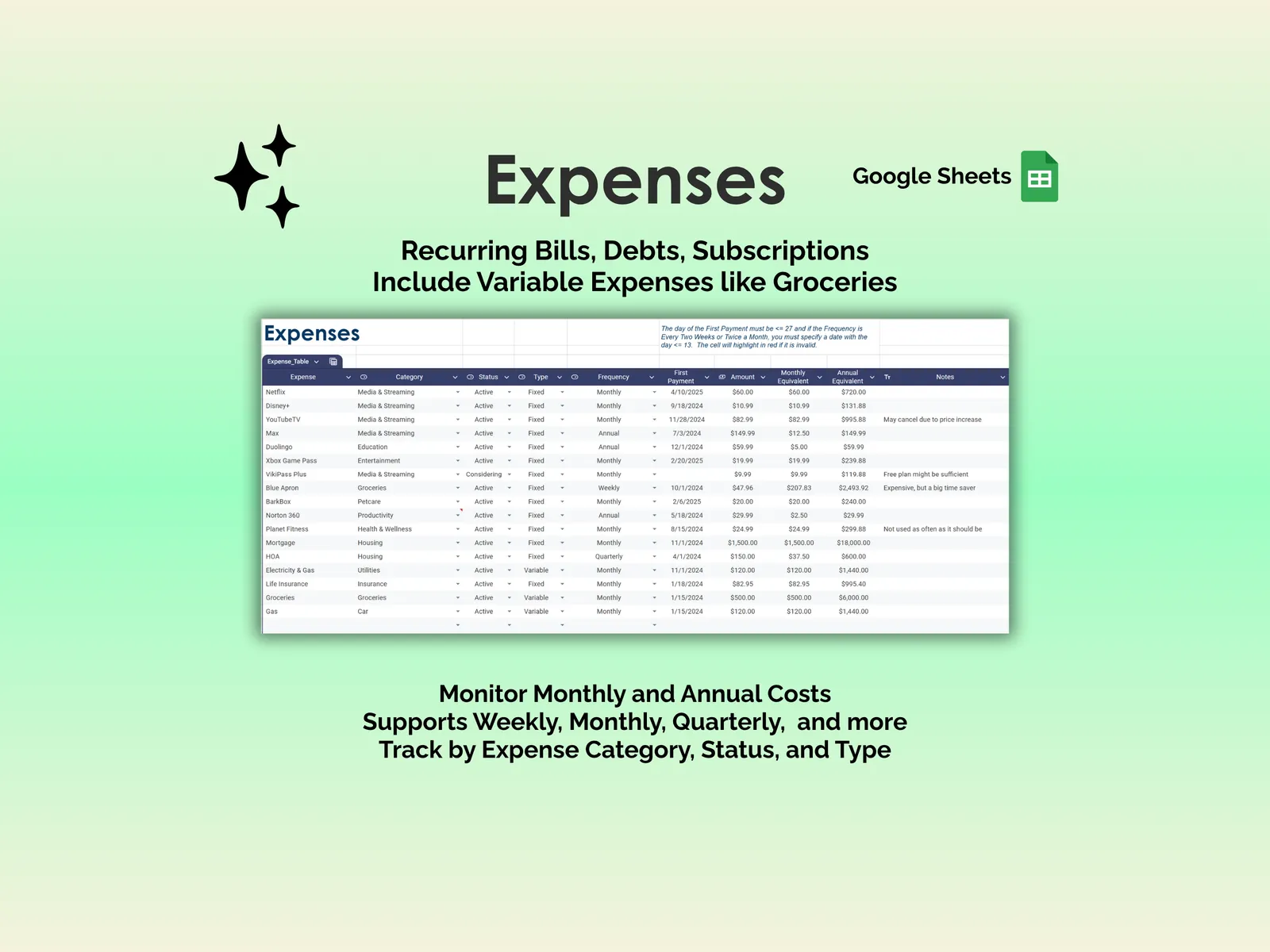 Bill Tracker - Sheets - Expenses