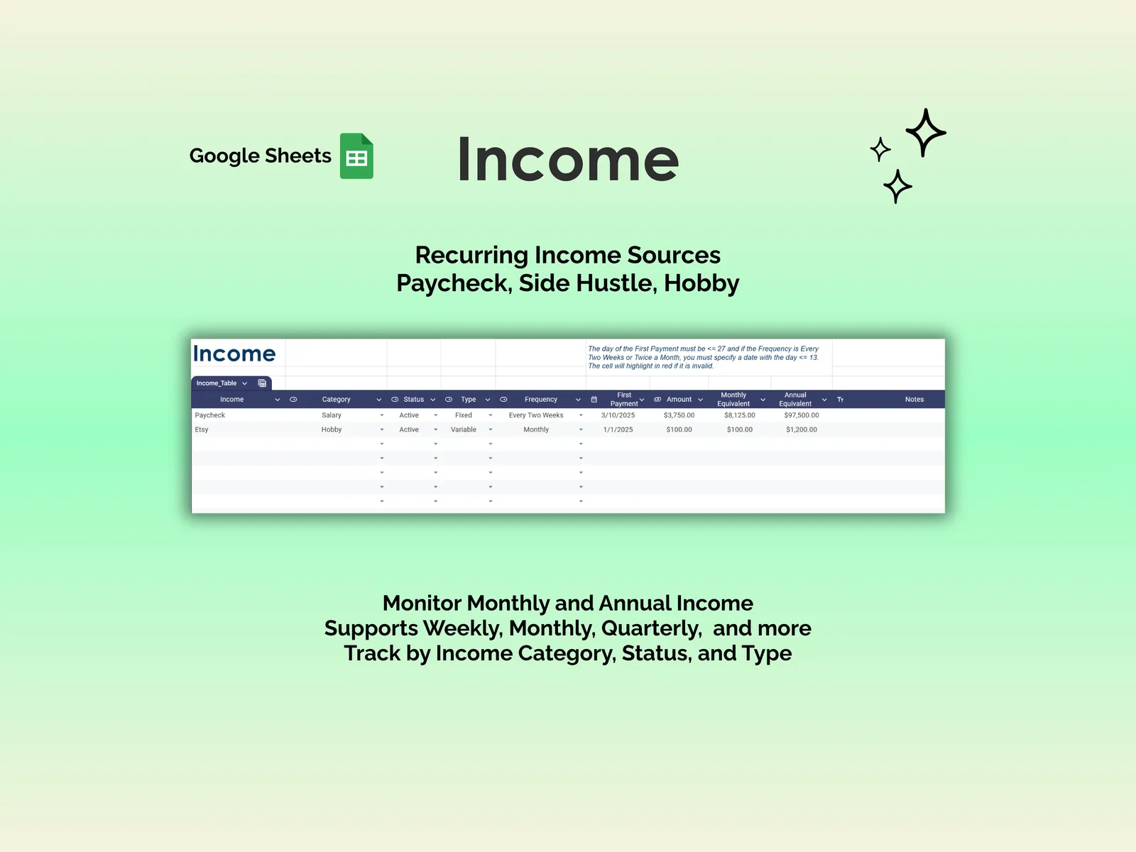 Bill Tracker - Sheets - Income