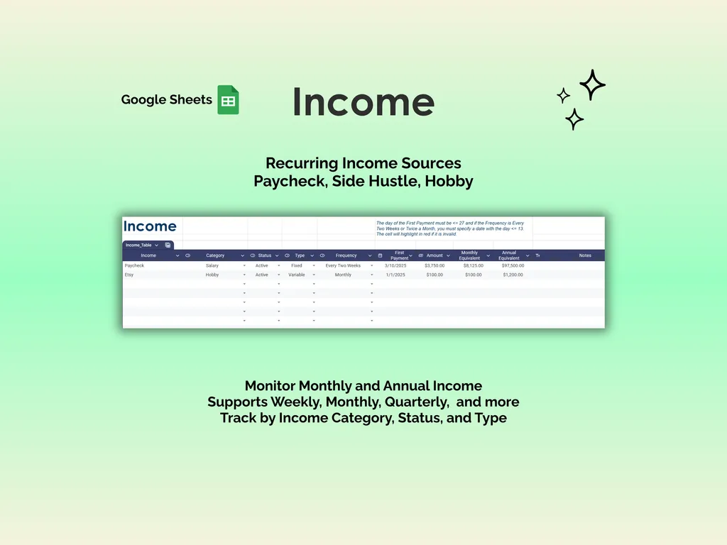 Bill Tracker - Sheets - Income