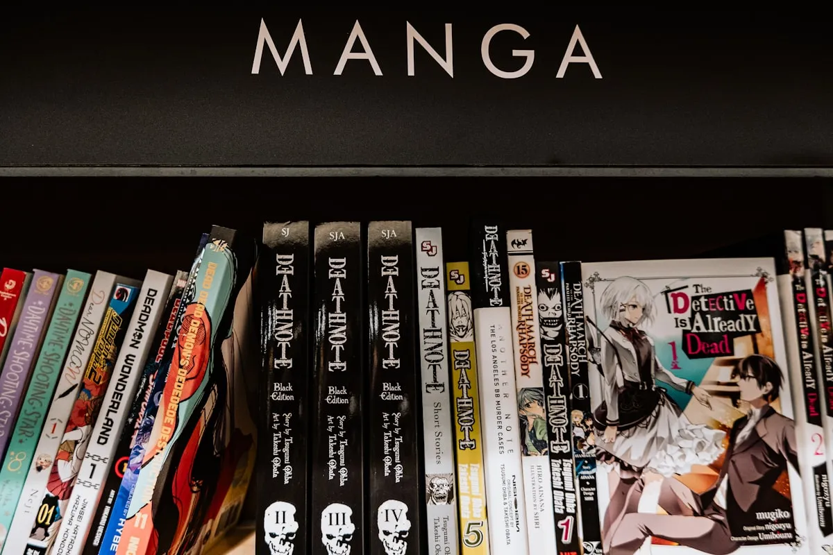 Bookstore shelf labeled 'Manga' lined with manga volumes including Death Note Black Edition and The Detective Is Already Dead