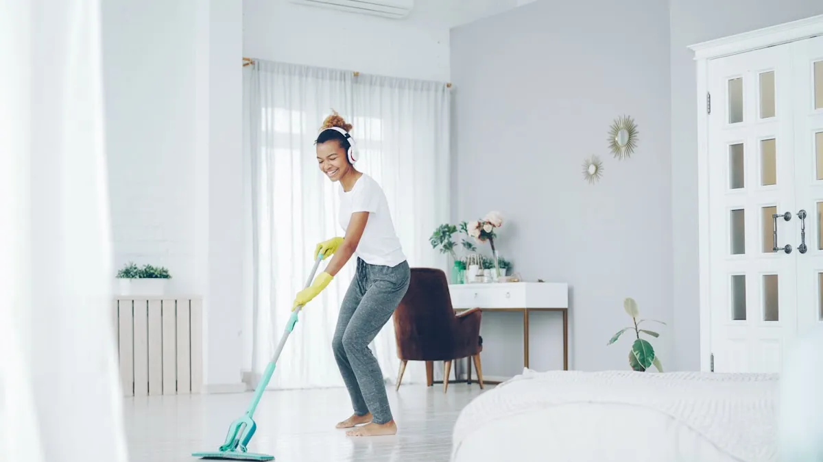 Smiling woman in headphones and yellow rubber gloves dancing while mopping the floor of a bright white bedroom