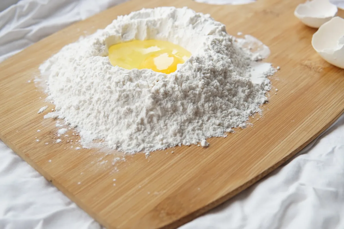 Mound of white flour with a well in the center holding two cracked egg yolks, on a wooden cutting board atop a white cloth
