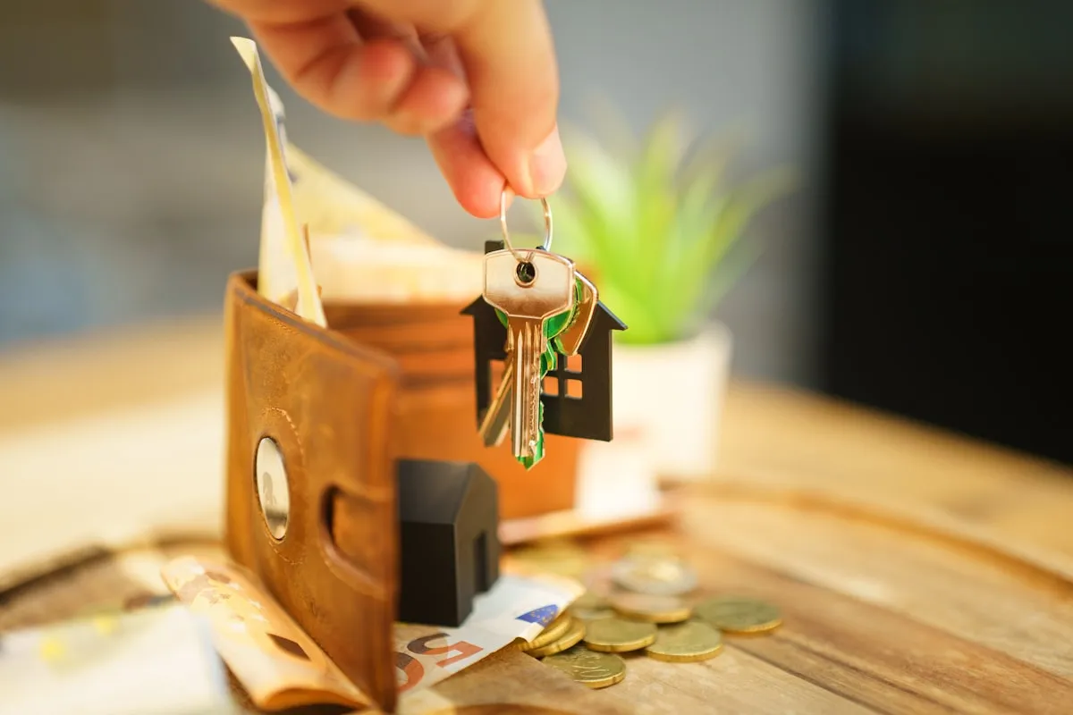 Hand lifting a house-shaped keychain with a key from a brown leather wallet stuffed with cash beside a pile of gold coins
