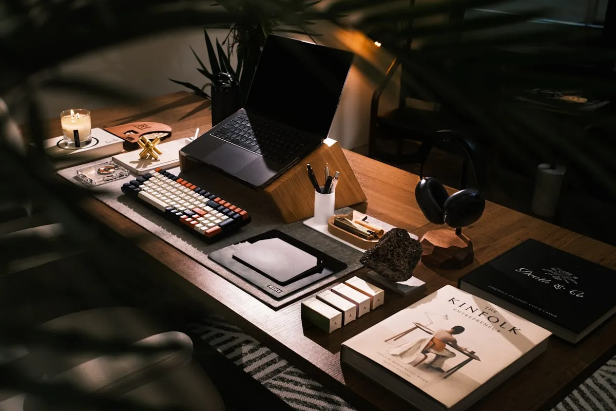 Stylish home office desk with a laptop on a wooden riser, mechanical keyboard, headphones, candle, notebook, and design books