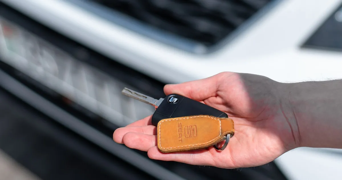 Open hand holding a black car key with a tan leather SEAT-branded keychain in front of a white car
