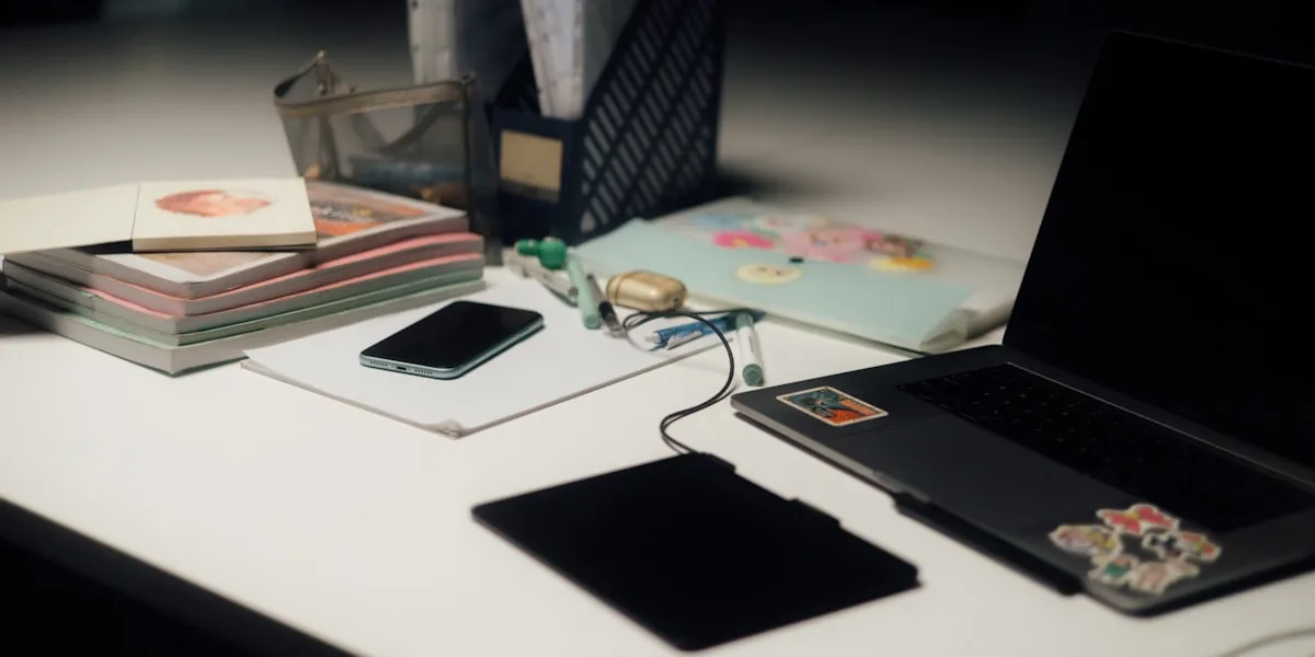 Cluttered late-night desk with a sticker-covered laptop, a smartphone resting on papers, a tablet, and a stack of notebooks under dim overhead light