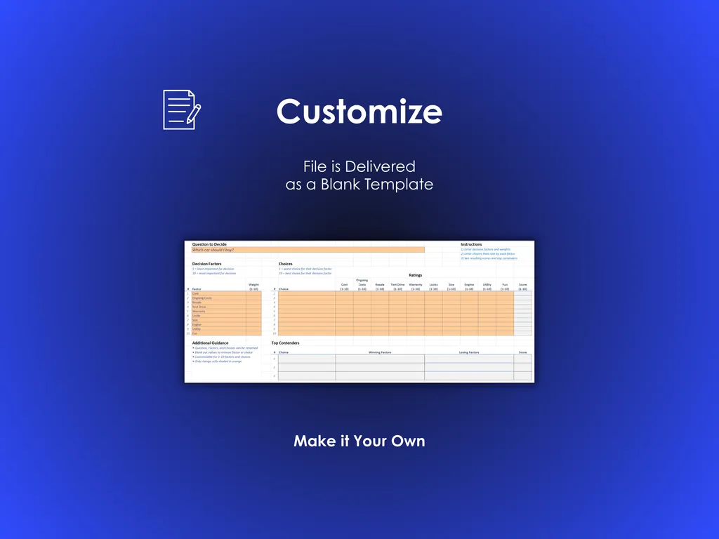 Car Buying Decision Helper - Excel - File is delivered as a blank template; Customize with your own decision factors and choices