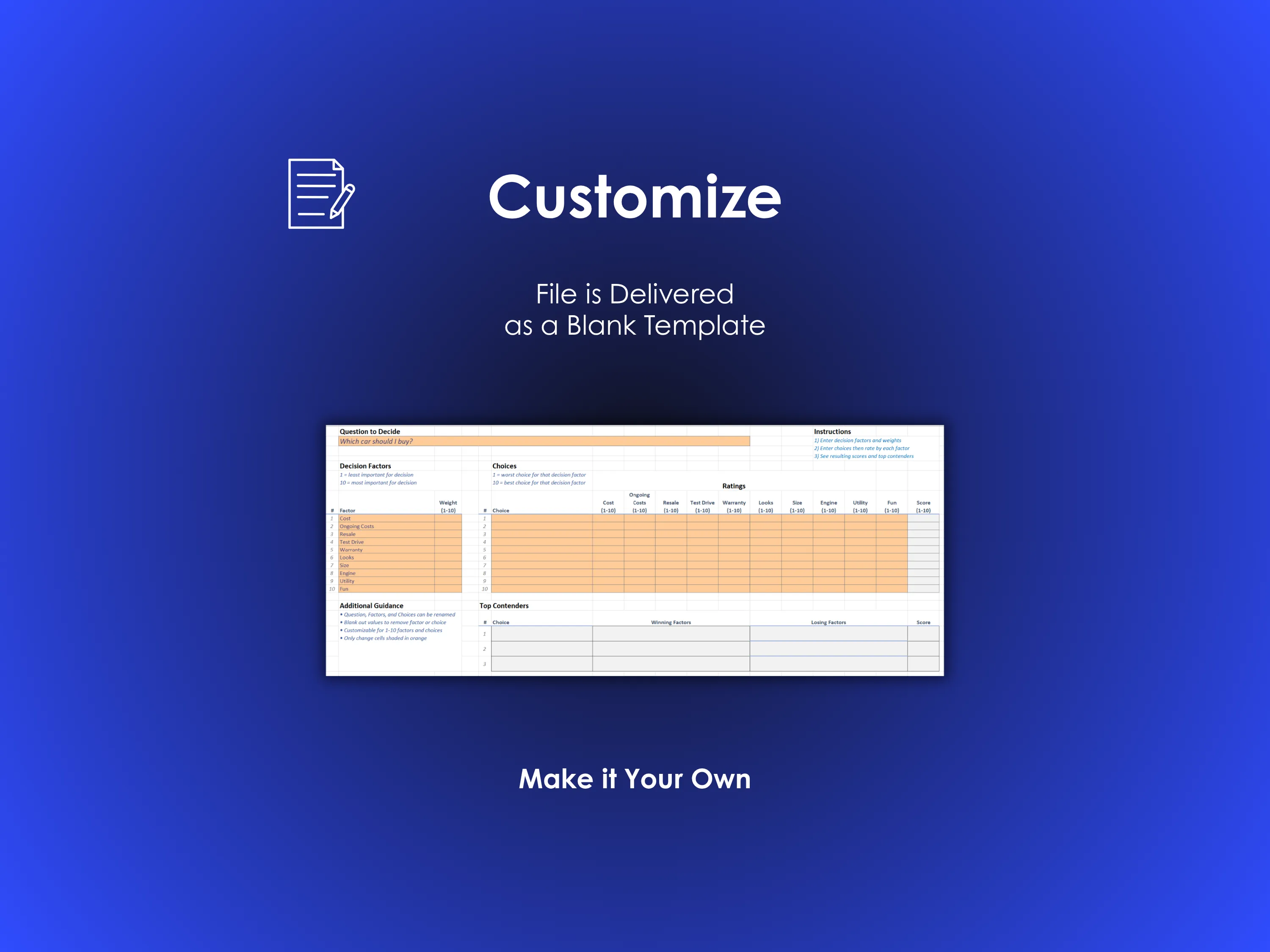 Car Buying Decision Helper - Excel - File is delivered as a blank template; Customize with your own decision factors and choices