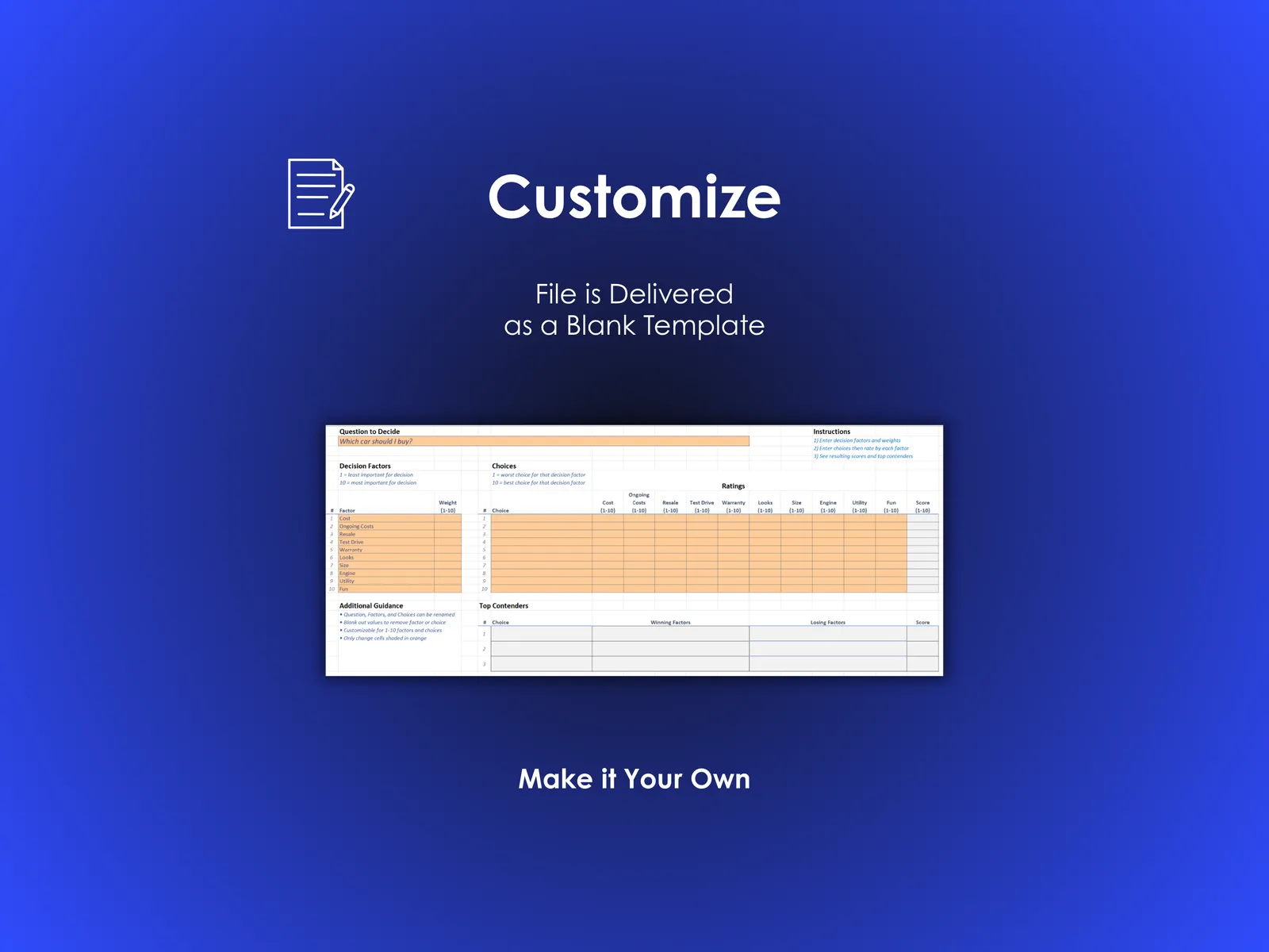 Car Buying Decision Helper - Excel - File is delivered as a blank template; Customize with your own decision factors and choices