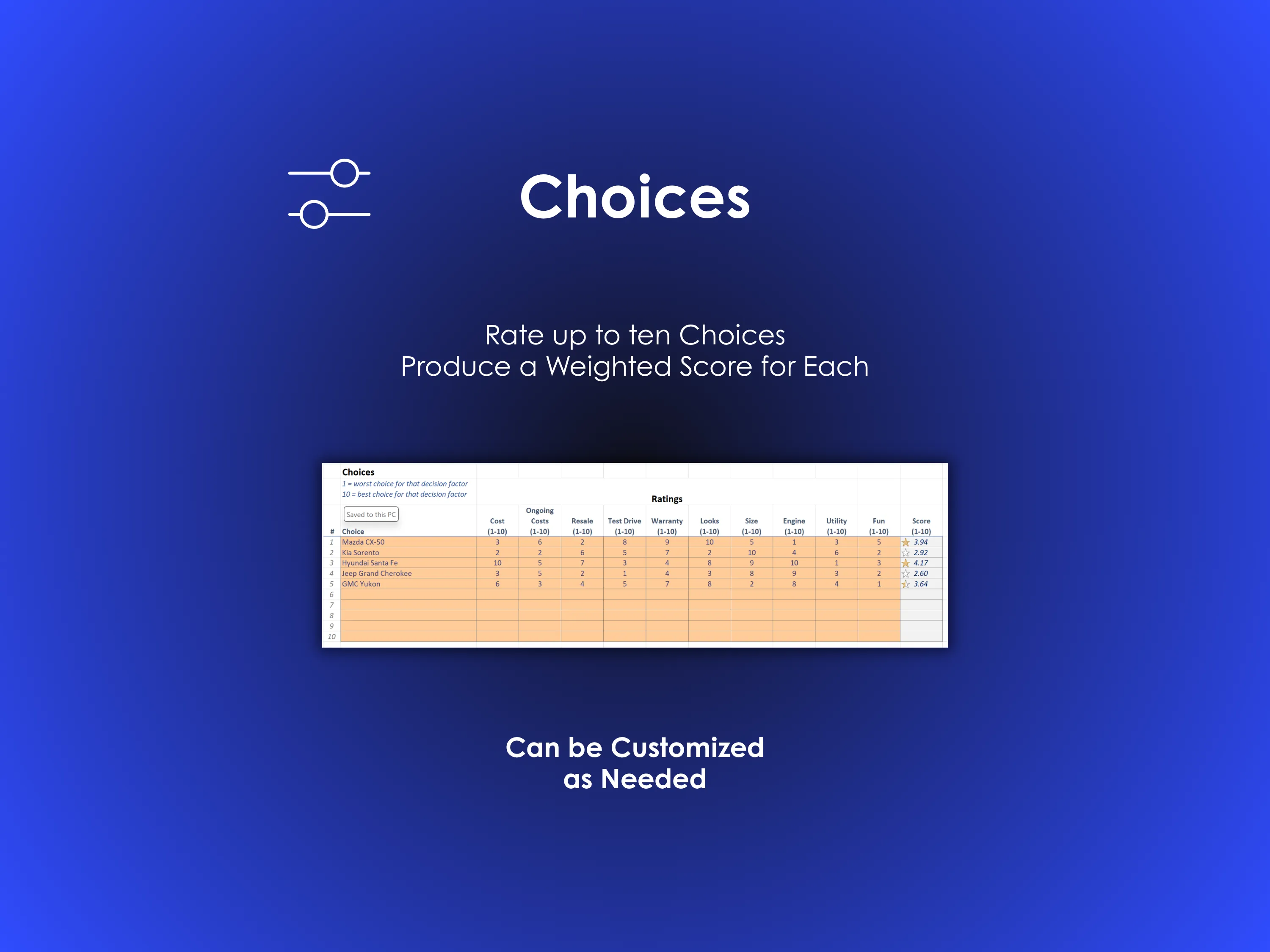 Car Buying Decision Helper - Excel - Rate up to ten cars and produce a weighted score for each