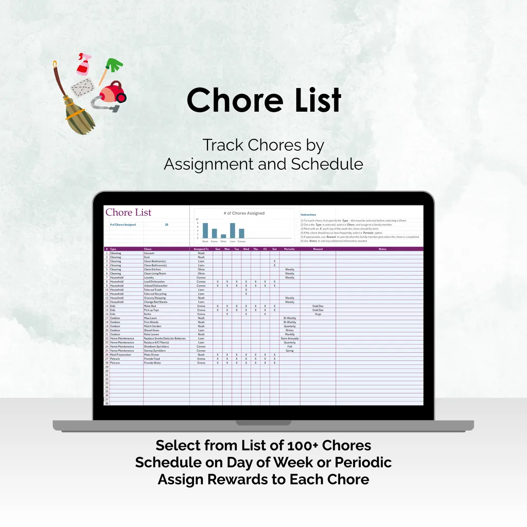 Chore Tracker - Excel - Chore List