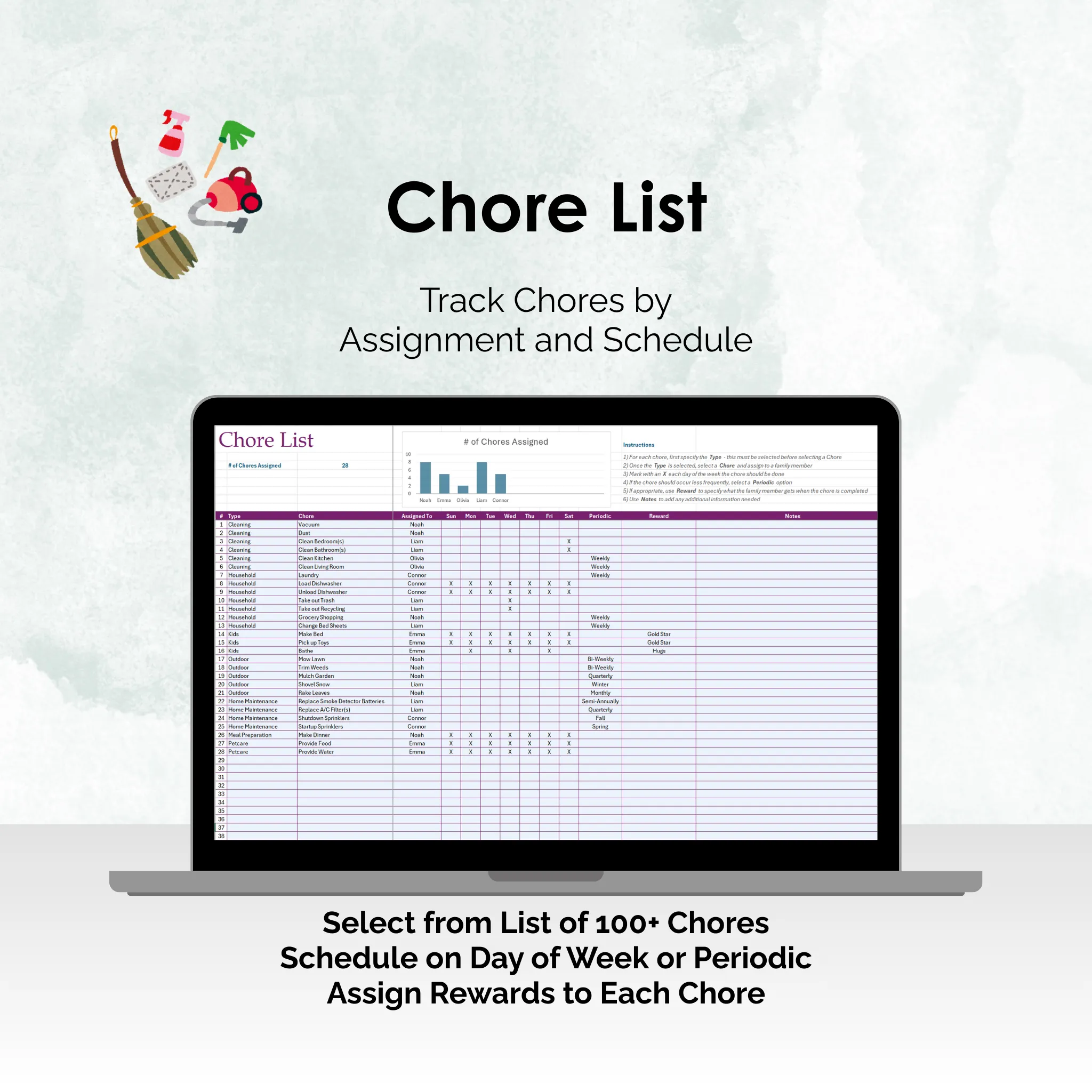 Chore Tracker - Excel - Chore List