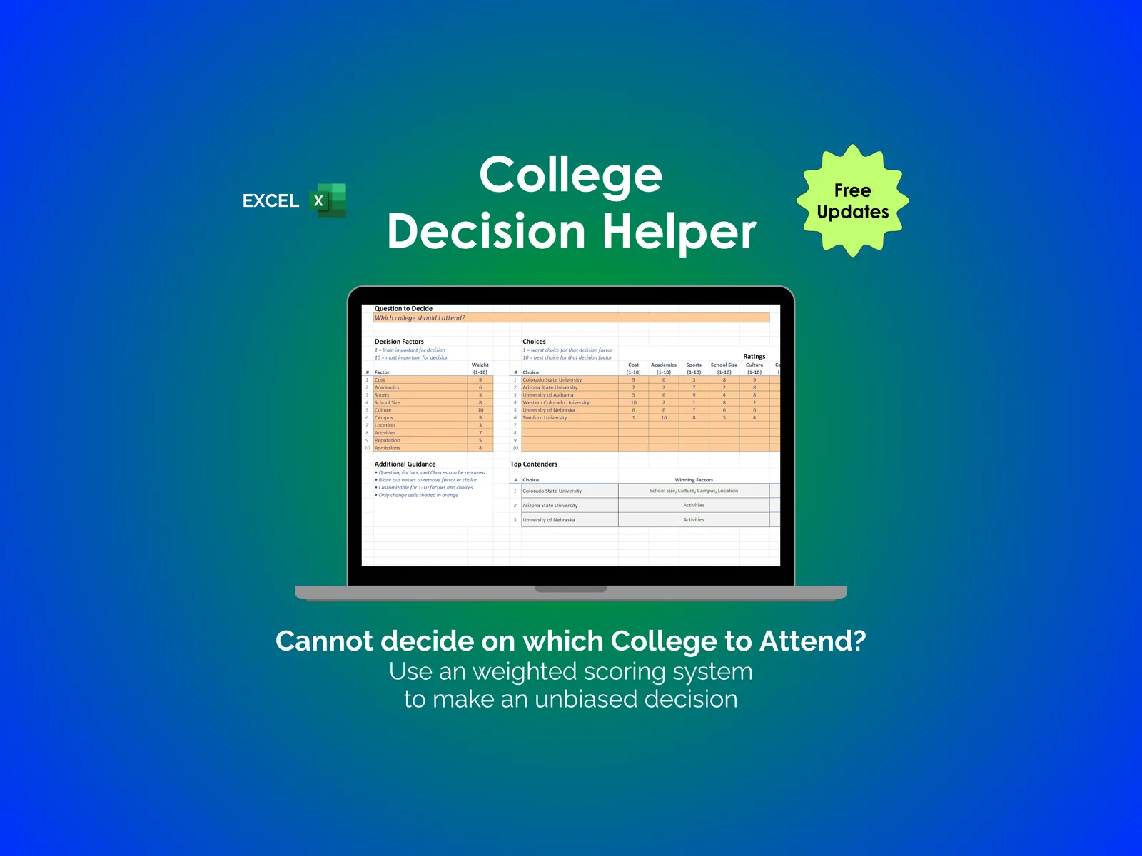 College Decision Helper - Excel - College Decision Helper - Cannot decide on which college? Use weighted scoring system to make an unbiased decision