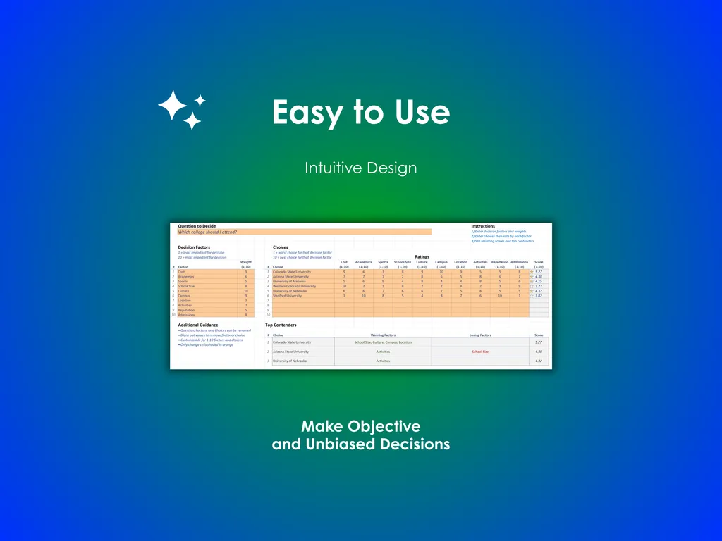 College Decision Helper - Excel -  Easy to Use, Intuitive Design - Make objective unbiased decisions about which college you want to attend