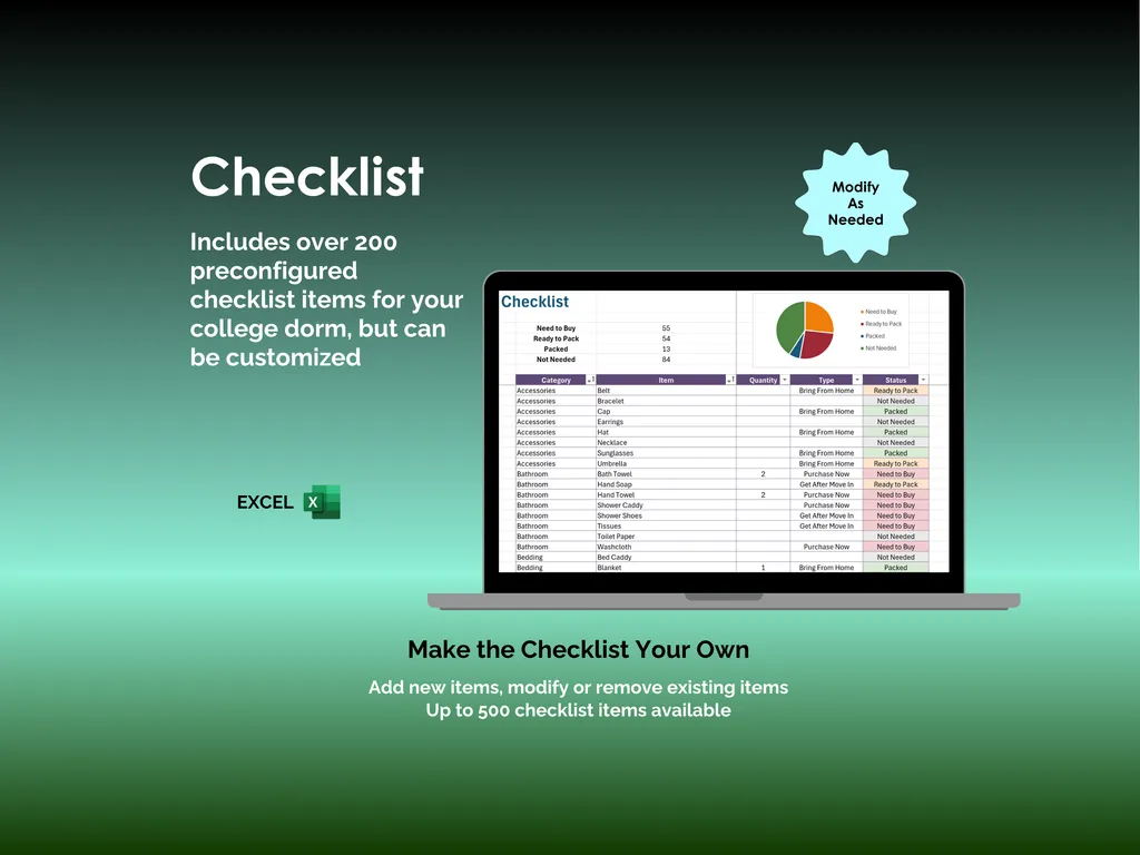 College Dorm Checklist - Excel - Over 200 Preconfigured Items