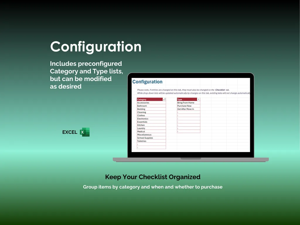 College Dorm Checklist - Excel - Fully Editable - Make Your Own