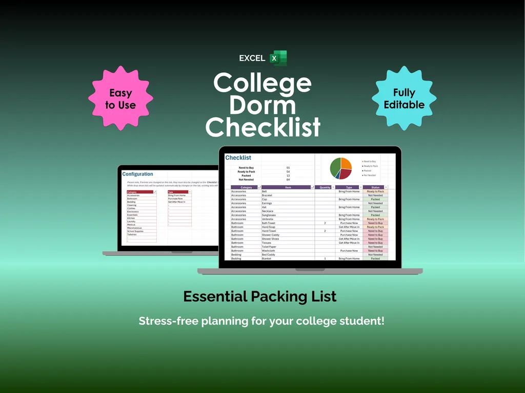 College Dorm Checklist - Excel - Packing List
