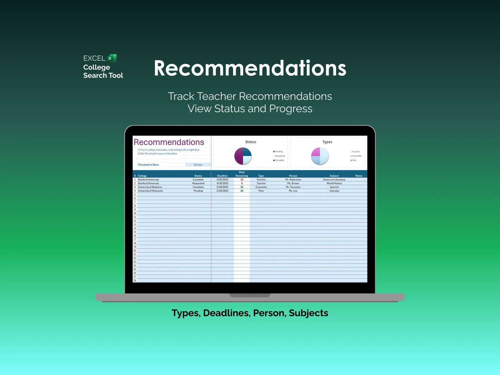 College Search Tool - Excel - Recommendations